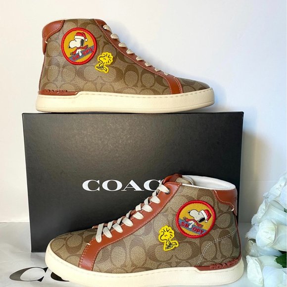 Coach X Peanuts Clip High Top Sneaker In Signature Canvas With Patches CF163 - Picture 1 of 9